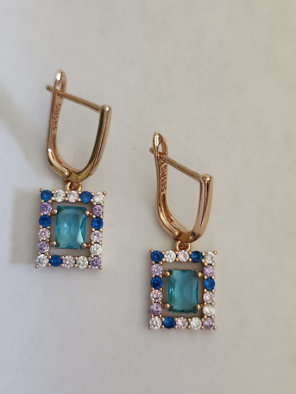 New 14K Gold Plated Blue Sapphire Aquamarine Amethyst Diamond Dangle Earrings